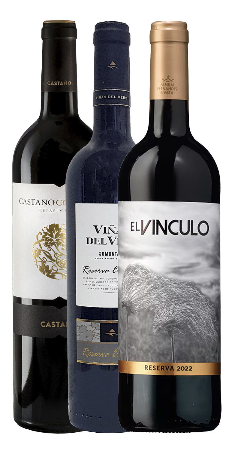 1 botella de Castaño Colección Cepas Viejas 2020, 1 botella de Viñas del Vero Reserva Especial 2022 y 1 botella de El Vínculo Reserva 2022