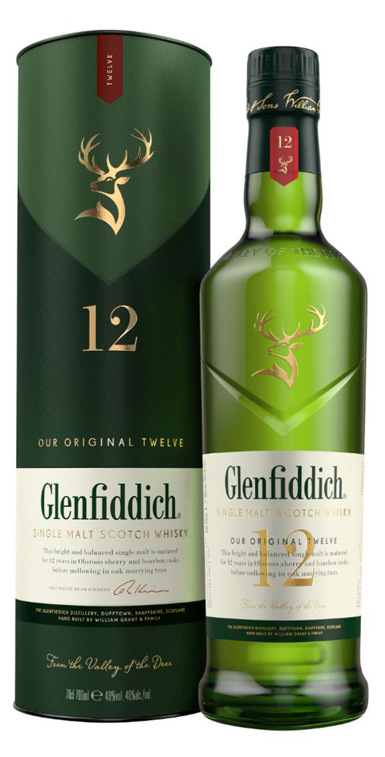 Botella de Glenfiddich 12 YO Single Malt Scotch Whisky junto a su estuche tipo canister