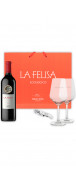 Estuche formado por 1 botella de La Felisa, 2 copas de vino con el logo de la marca y un sacacorchos